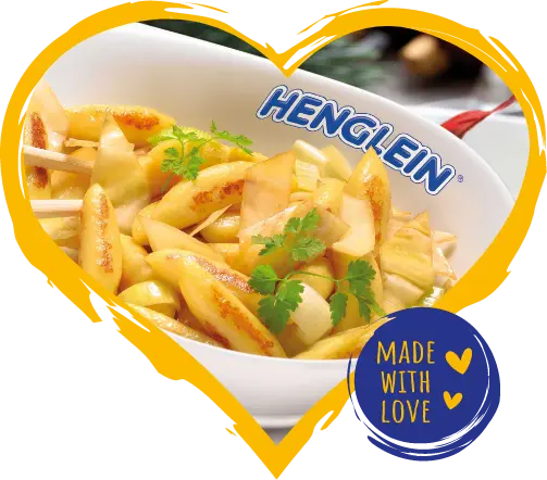 Grafisches Herz mit einem Bild von einem HENGLEIN-Schupfnudelgericht und dem Emblem "Made with love"