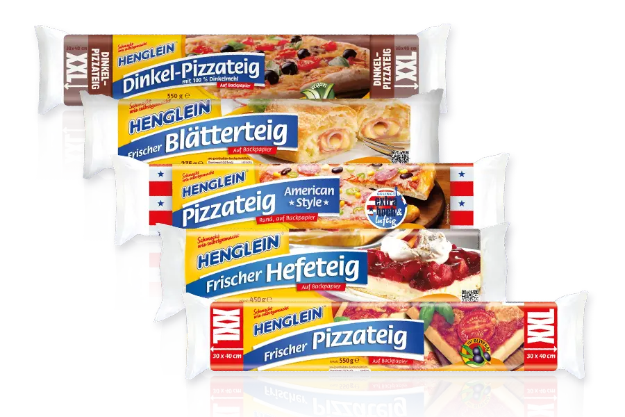 Bildkomposition aus den Produktverpackungen Frischer Hefeteig, Blätterteig, Pizzateig, Dinkel-Pizzateig und Dinkel-Flammkuchenteig von HENGLEIN