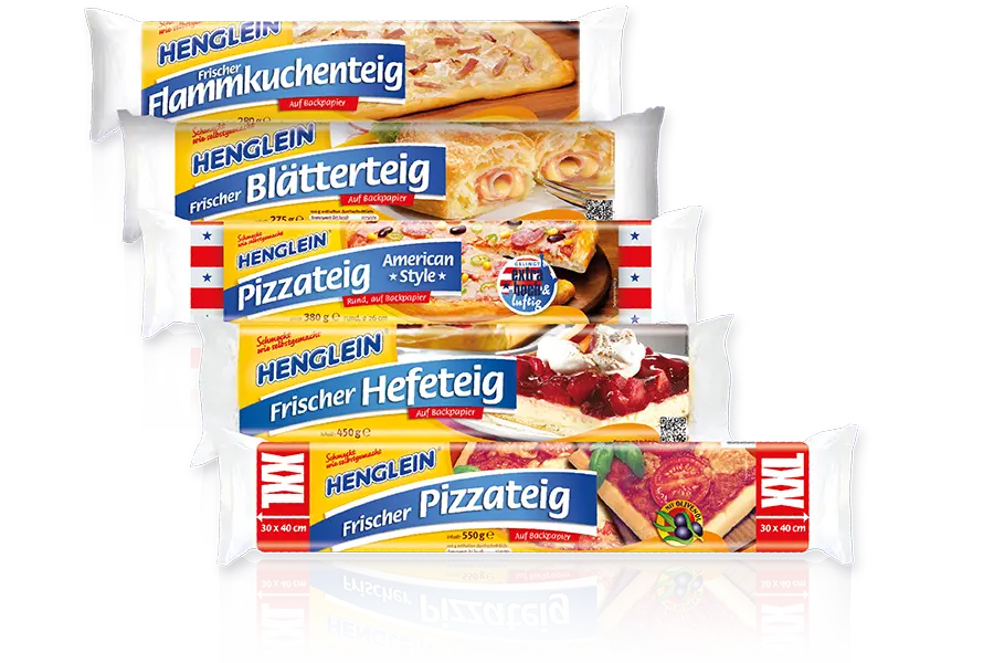 Bildkomposition aus den Produktverpackungen Frischer Hefeteig, Blätterteig, Pizzateig, Dinkel-Pizzateig und Dinkel-Flammkuchenteig von HENGLEIN