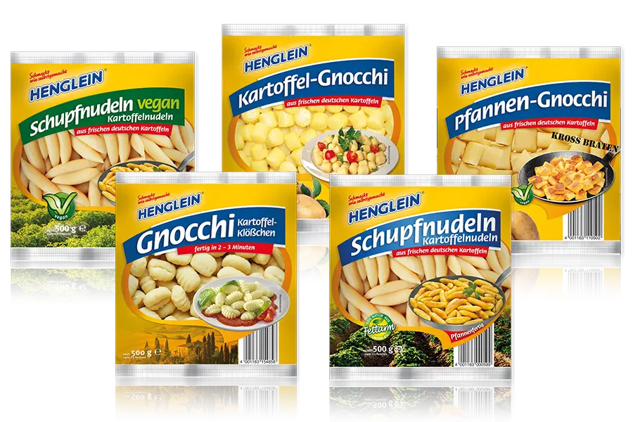 Bildkomposition aus den Produktverpackungen Schupfnudeln, Gnocchi, Pfannen-Gnocchi, und Schupfnudeln vegan von HENGLEIN