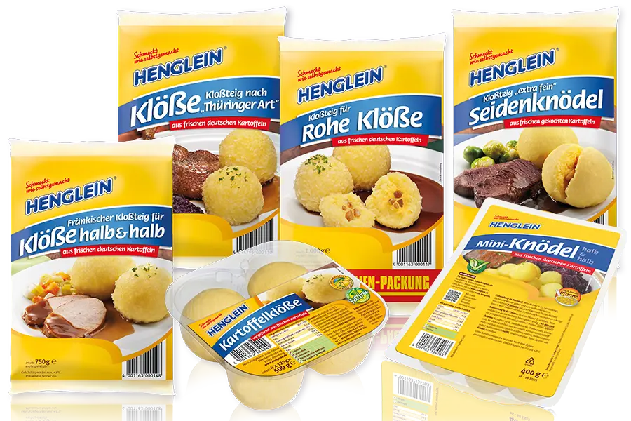 Bildkomposition aus den Produktverpackungen Kloßteig Thüringer Art, Rohe Klöße, Seidenknödel, Klöße halb&halb und vorgeformte Klöße von HENGLEIN