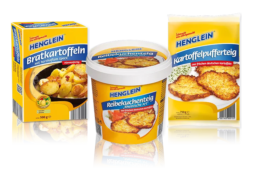 Bildkomposition aus den Produktverpackungen Bratkartoffeln, Reibekuchenteig und Kartoffelpufferteig von HENGLEIN